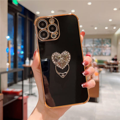Anymob iPhone Case Black Plating Love Heart Ring Holder Kickstand Soft Silicone Cover-Mobile Phone Cases-PEROZ Accessories