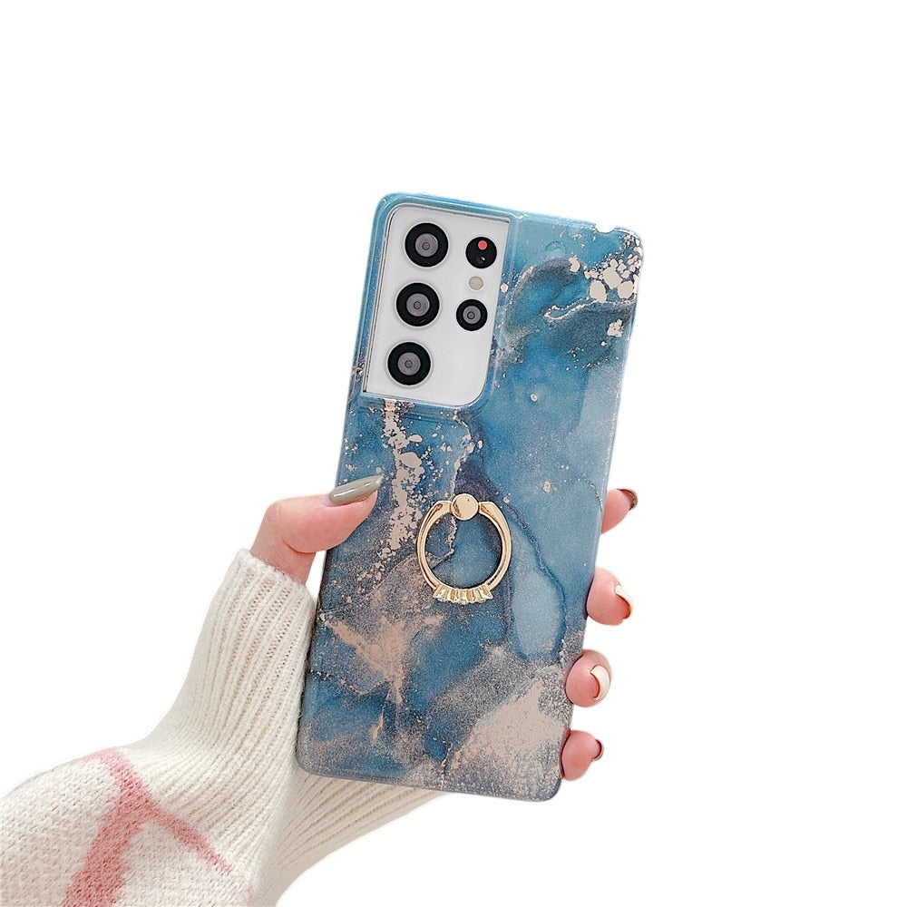 Anymob Samsung Blue Silicon Case Glitter Marble Finger Ring Bracket Holder Phone Cover-Mobile Phone Cases-PEROZ Accessories