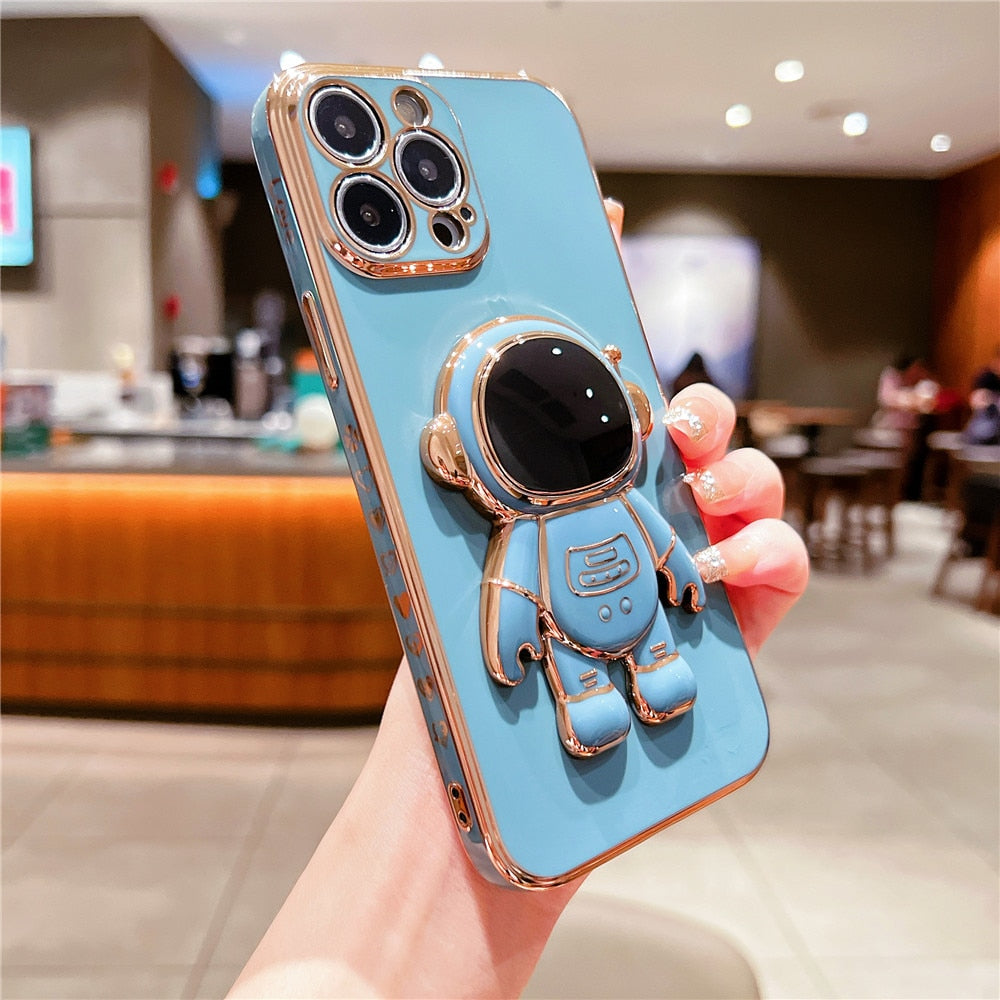 Anymob iPhone Case Sky Blue Plating Astronaut Stand Holder Lens Protection Heart Pattern Cover-Mobile Phone Cases-PEROZ Accessories