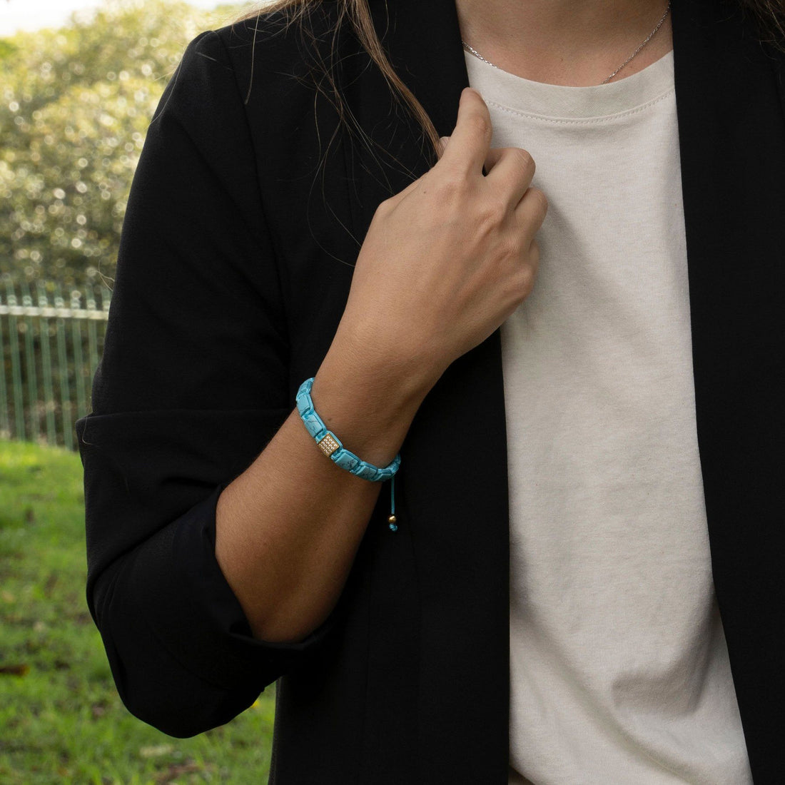 Turquoise Agate Beaded Bracelet with Gold Plated CZ Setting - PEROZ