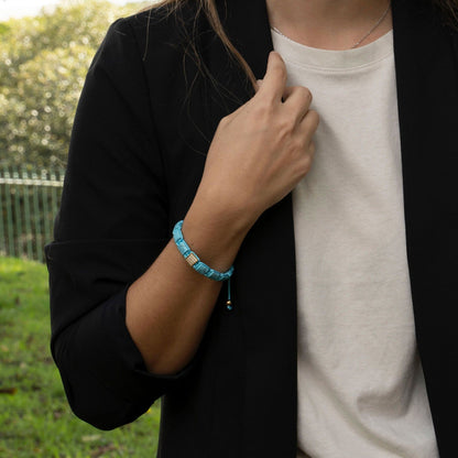 Turquoise Agate Beaded Bracelet with Gold Plated CZ Setting - PEROZ