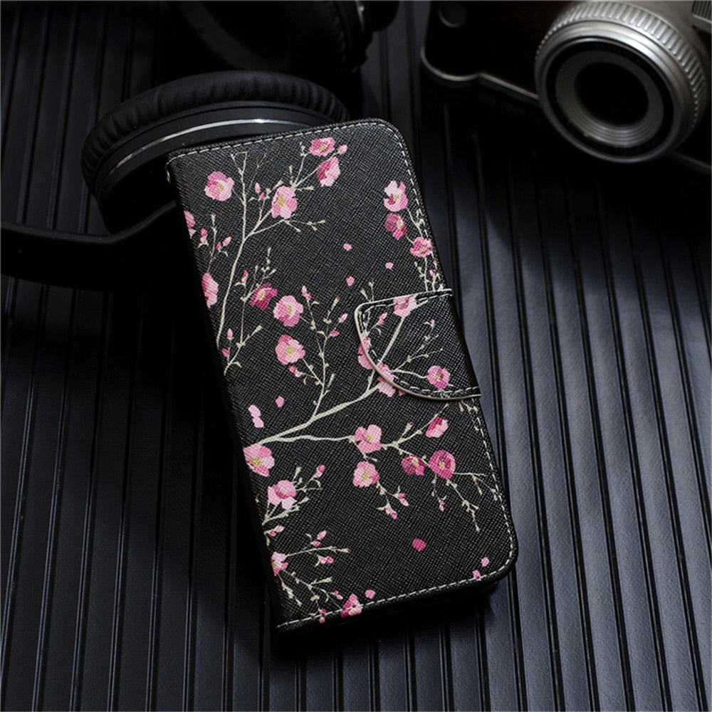 Anymob Samsung Case Black and Pink Flower Cartoon Flip Leather Wallet Phone Cover Protection-Mobile Phone Cases-PEROZ Accessories