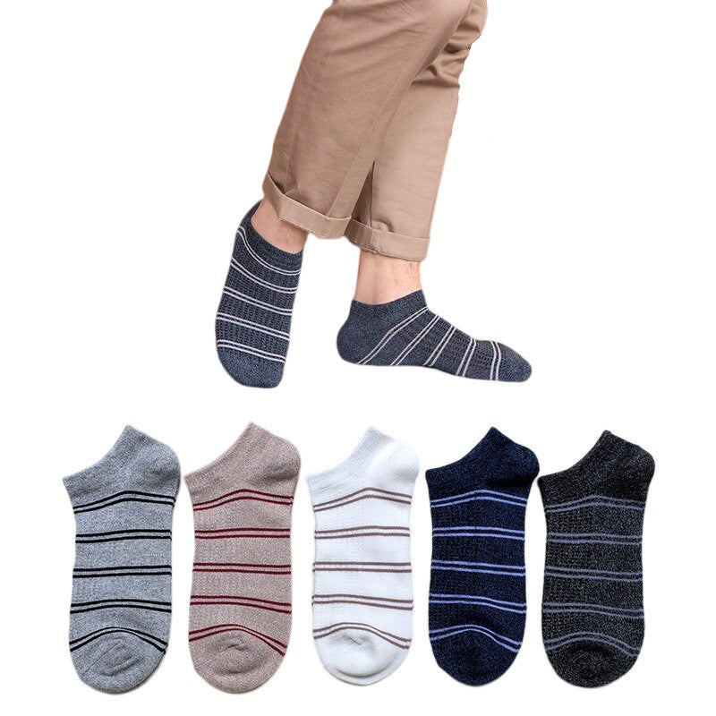 Anysox 5 Pairs One Size 5-11 Multicolor Lines Spring Summer Unisex Navy Solid Striped Cotton Ankle Casual Socks-Socks-PEROZ Accessories