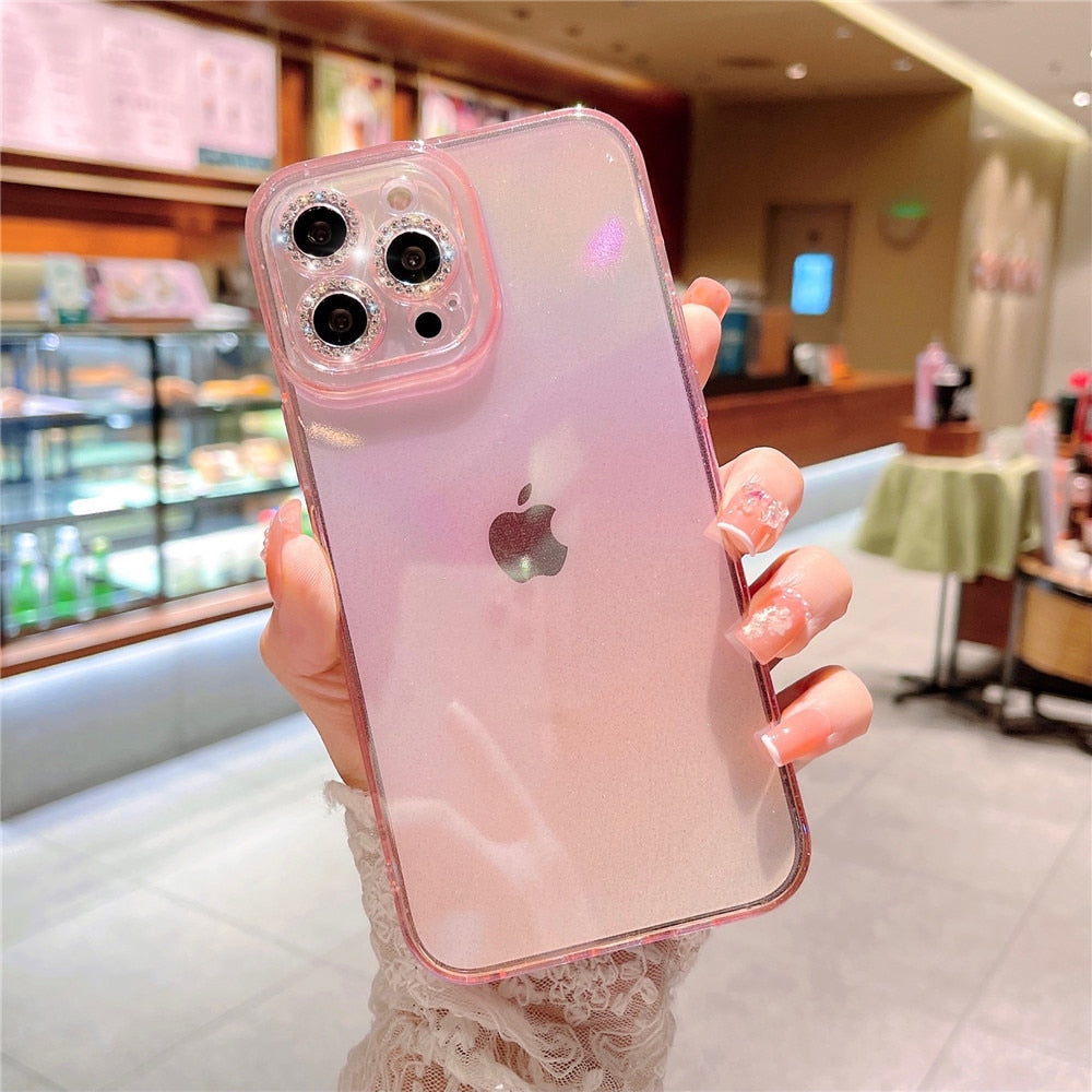 Anymob iPhone Case Pink Colorful Gradient Glitter Diamond Lens Camera Protection Soft Cover-Mobile Phone Cases-PEROZ Accessories