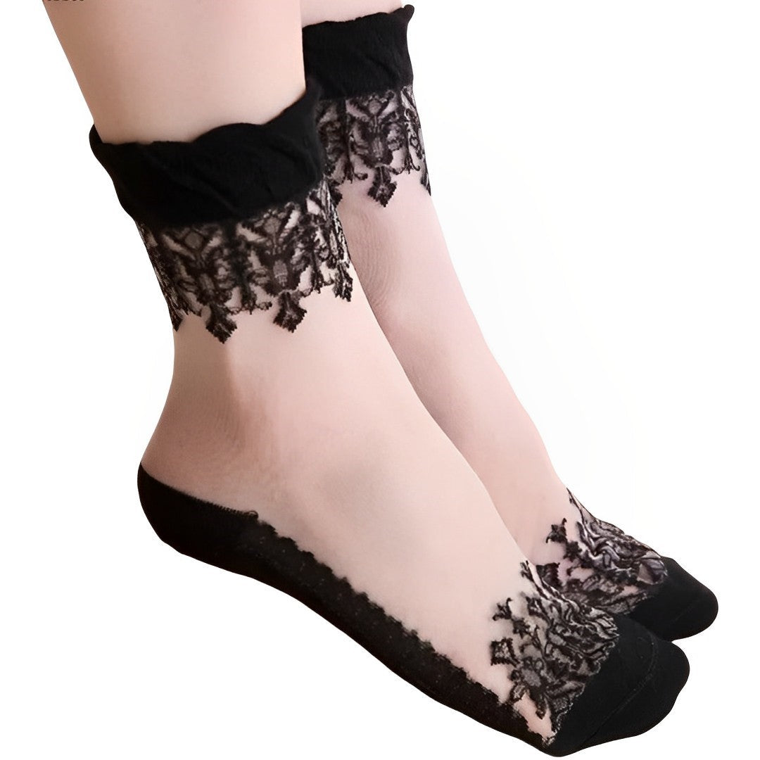 Anysox 5 Pairs Size 5-9 Fashion Socks Summer Lace Embroidery Breathable Silk Transparent Glass Crystal Stretch for Women Black-Socks-PEROZ Accessories
