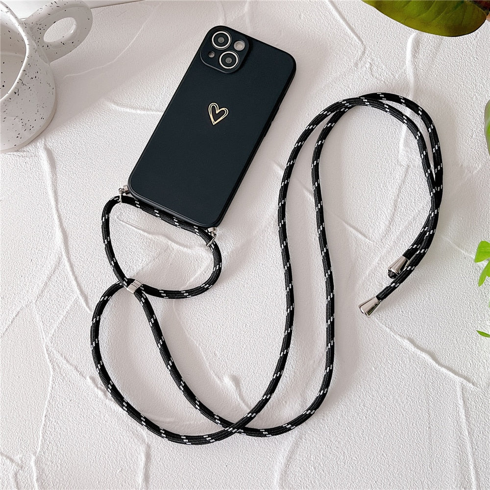 Anymob iPhone Case Black Candy Color Love Heart Crossbody Lanyard Soft Silicone Cover-Mobile Phone Cases-PEROZ Accessories