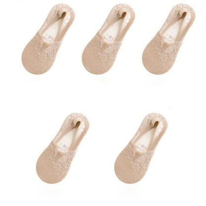 Anysox 5 Pairs Size 5-9 Fashion Socks Lace Flower Style Breathable Antiskid Invisible Ankle Socks for Women Khaki-Socks-PEROZ Accessories