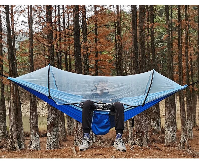 Anypack Camping Swing Chair Blue 260X140Cm Mosquito Net Hammock Automatic Quick-Opening Outdoor Camping Pole Hammock Swing Anti-Rollover-Camping Essentials-PEROZ Accessories