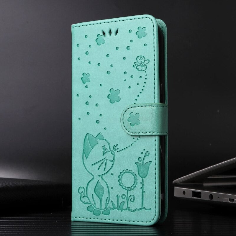 Anymob Samsung Case Green Flip Leather 3D Cat Embossed PU Leather Wallet Cover Protection-Mobile Phone Cases-PEROZ Accessories