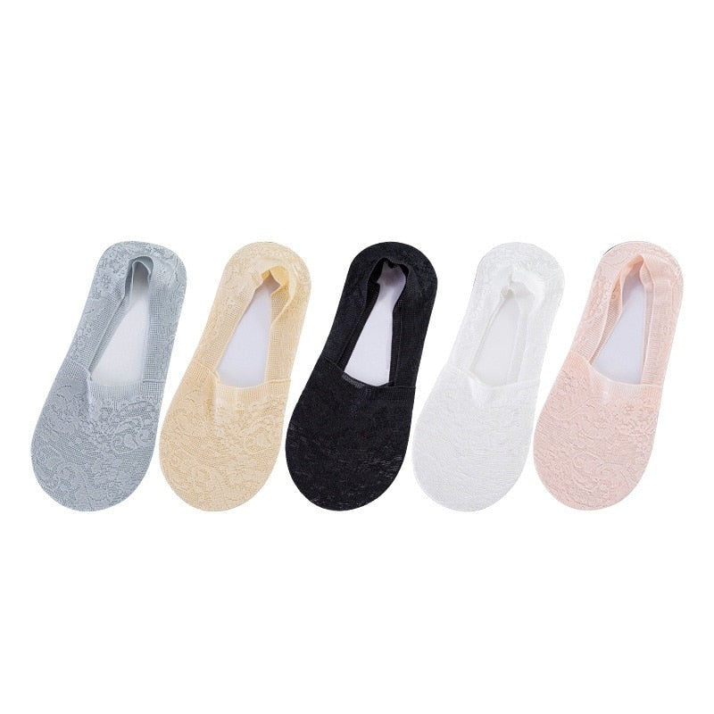 Anysox 5 Pairs Size 5-9 Fashion Socks Lace Flower Style Breathable Antiskid Invisible Ankle Socks for Women (Grey, Beige, Black, White, Pink)-Socks-PEROZ Accessories