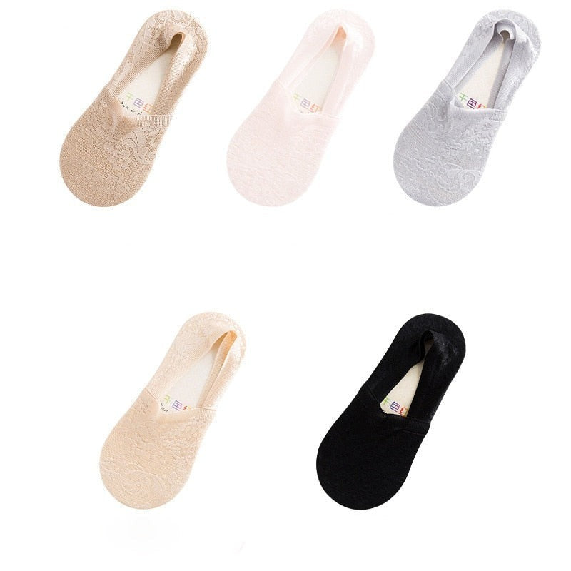 Anysox 5 Pairs Size 5-9 Fashion Socks Lace Flower Style Breathable Antiskid Invisible Ankle Socks for Women (Khaki, Pink, Grey, Beige, Black)-Socks-PEROZ Accessories