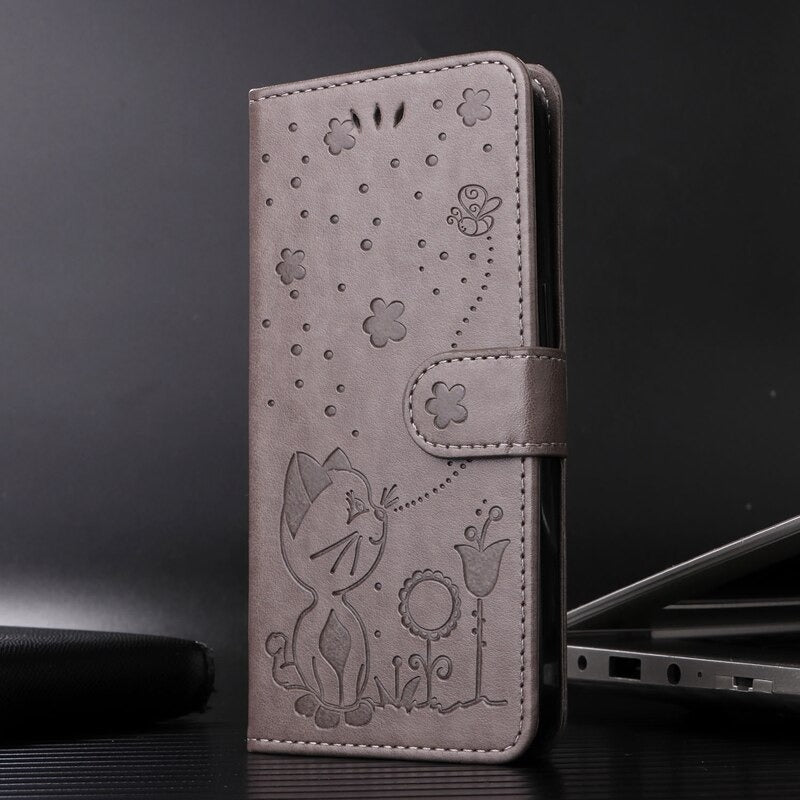 Anymob Samsung Case Gray Flip Leather 3D Cat Embossed PU Leather Wallet Cover Protection-Mobile Phone Cases-PEROZ Accessories