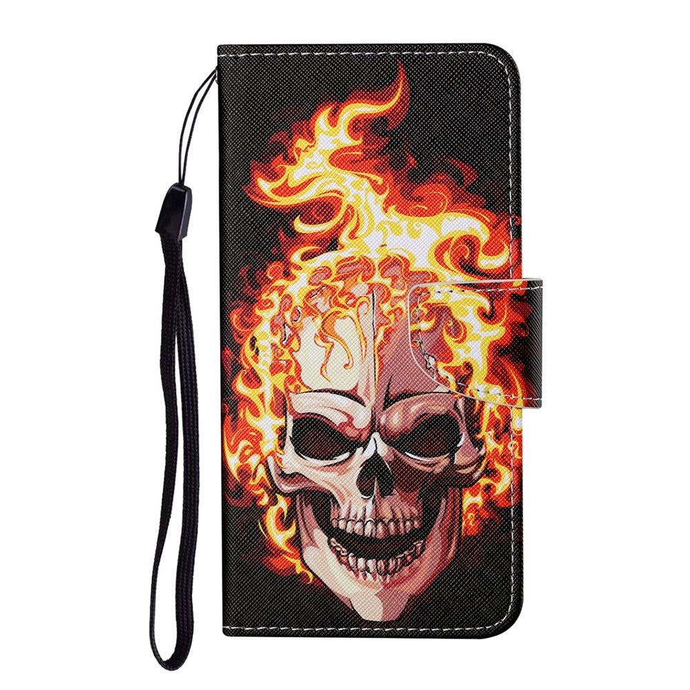 Anymob Samsung Flame Skull Pattern Phone Case Magnetic Flip Leather Wallet Painted Cover-Mobile Phone Cases-PEROZ Accessories
