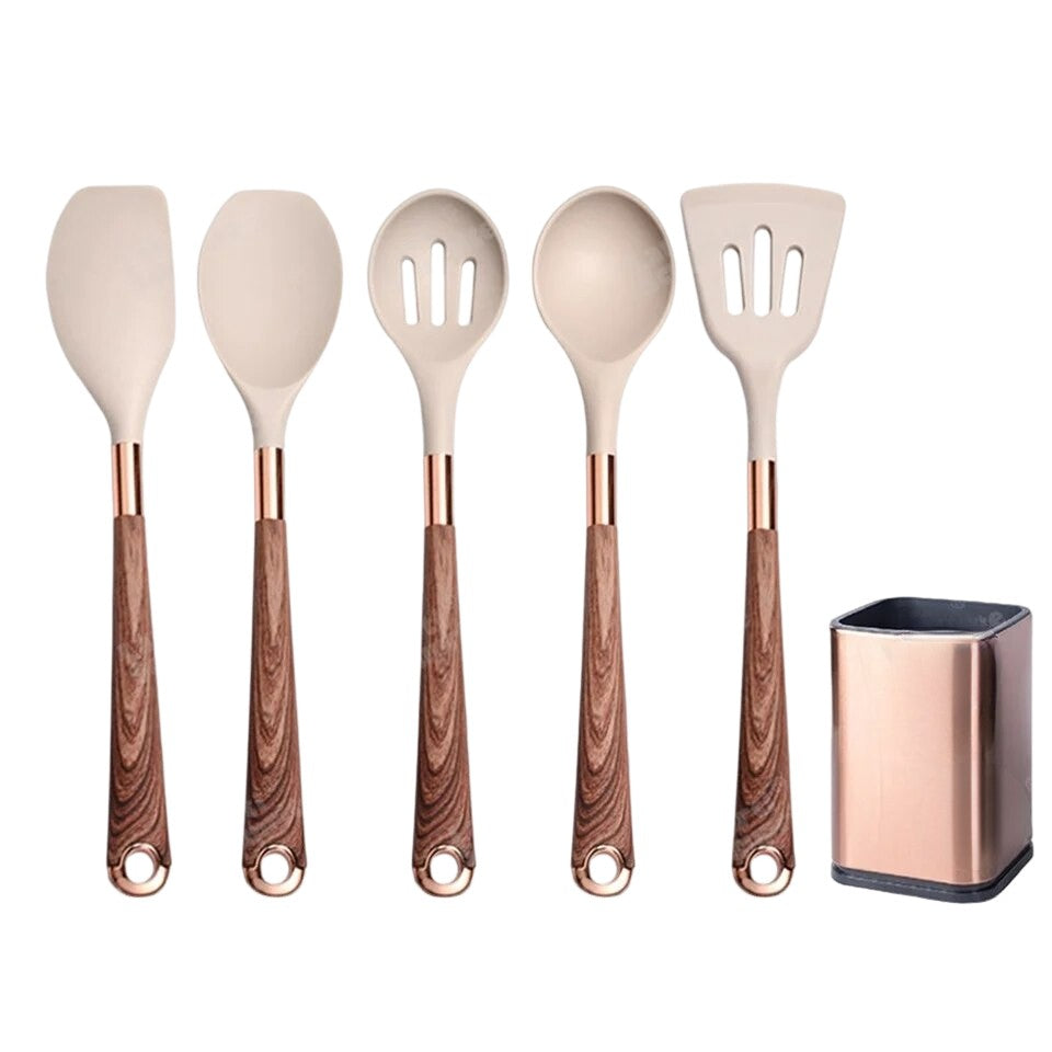Anygleam Kitchen Utensils Non-stick Brown 5 Set Gold Plated Handle with Support Point and Storage Box Cooking Tool Accessories Heat Resistant Kitchenware-Spatula and Shovel-PEROZ Accessories
