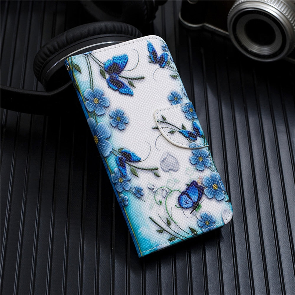 Anymob Samsung Case Blue Flower with Butterfly Design Flip Leather Wallet Phone Cover Protection-Mobile Phone Cases-PEROZ Accessories