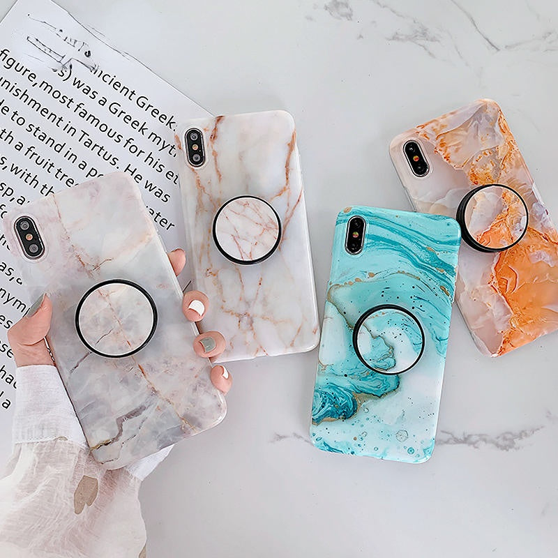 Anymob iPhone Peachy Holder Stand Case Back Cover Marble Art Silicone Phone Cover-Mobile Phone Cases-PEROZ Accessories