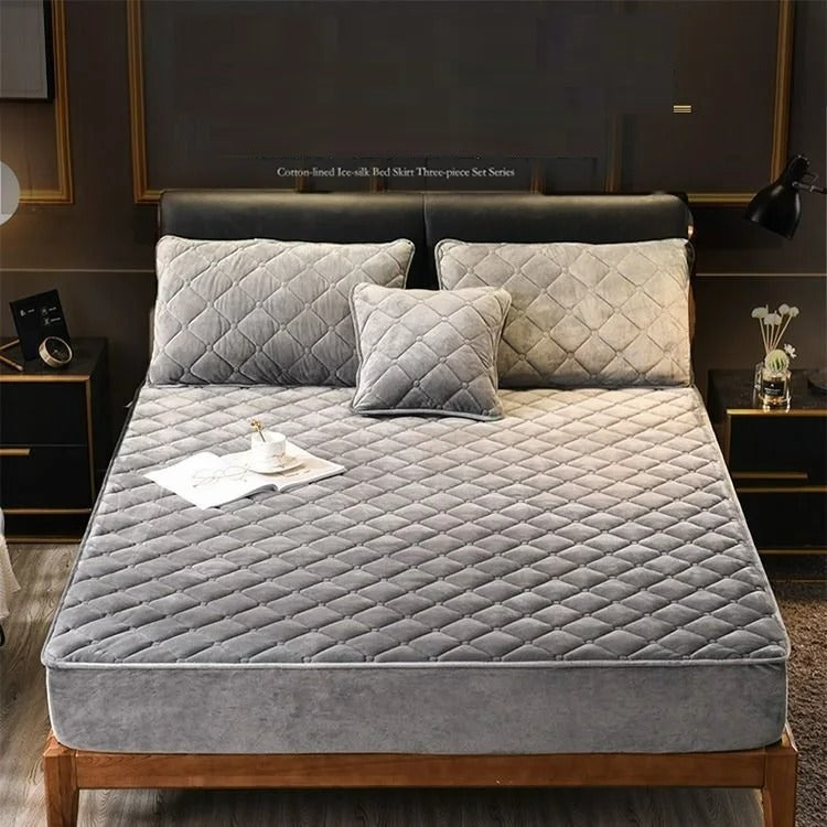 Anyhouz Mattress Cover Gray King Size Crystal Velvet Thicken Quilted Warm Soft Plush Bed Sheet-Bed Sheets-PEROZ Accessories