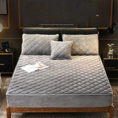 Anyhouz Mattress Cover Gray King Size Crystal Velvet Thicken Quilted Warm Soft Plush Bed Sheet-Bed Sheets-PEROZ Accessories