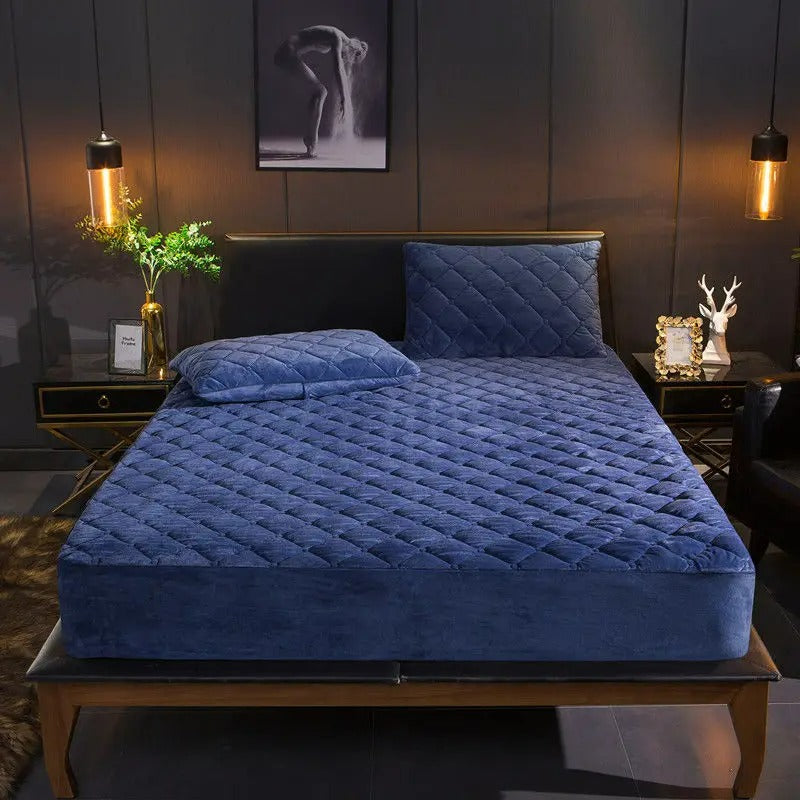 Anyhouz Mattress Cover Navy Blue King Size Crystal Velvet Thicken Quilted Warm Soft Plush Bed Sheet-Bed Sheets-PEROZ Accessories