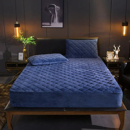 Anyhouz Mattress Cover Navy Blue 160x200cm Crystal Velvet Thicken Quilted Warm Soft Plush Bed Sheet-Bed Sheets-PEROZ Accessories