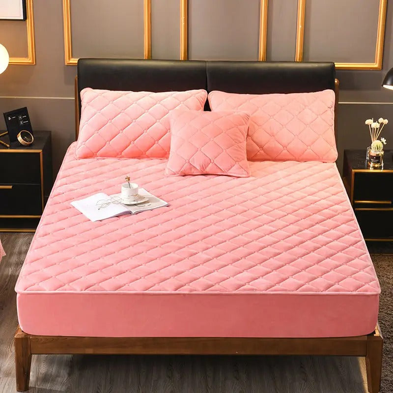 Anyhouz Mattress Cover Pink King Size Crystal Velvet Thicken Quilted Warm Soft Plush Bed Sheet-Bed Sheets-PEROZ Accessories