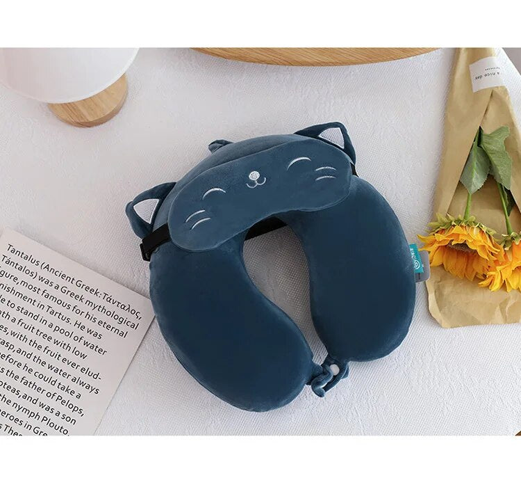 Anypack Neck Pillow Blue Cat Cartoon Memory Cotton U-shaped Soft Fluffy Comfortable Sleep Headrest-Neck Pillow-PEROZ Accessories
