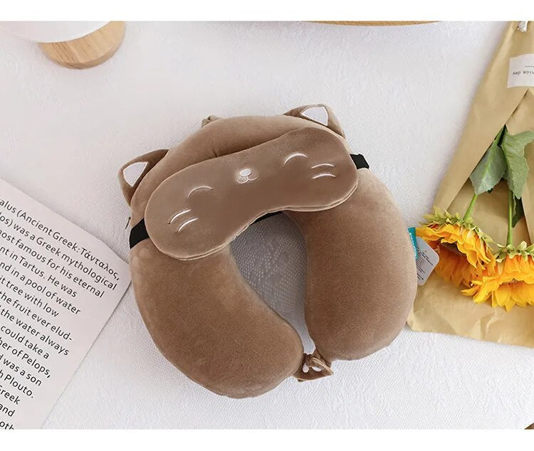 Anypack Neck Pillow Brown Cat Cartoon Memory Cotton U-shaped Soft Fluffy Comfortable Sleep Headrest-Neck Pillow-PEROZ Accessories