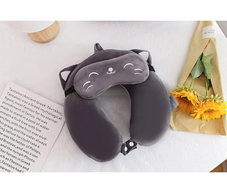 Anypack Neck Pillow Gray Cat Cartoon Memory Cotton U-shaped Soft Fluffy Comfortable Sleep Headrest-Neck Pillow-PEROZ Accessories