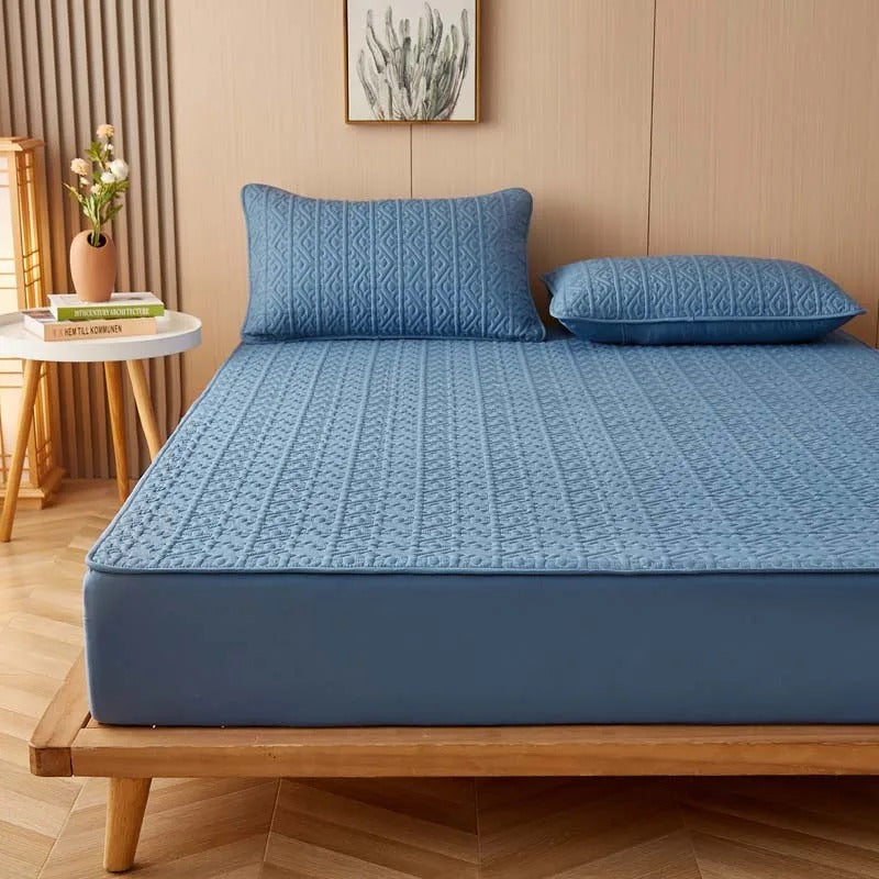 Anyhouz Mattress Cover Blue Twin Size Pure Cotton Soft Quilted Bed Sheet Anti-bacterial Protector Cover-Mattress Protectors-PEROZ Accessories