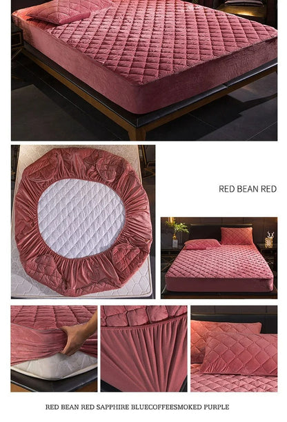 Anyhouz Mattress Cover Bean Red 180x200cm Crystal Velvet Thicken Quilted Warm Soft Plush Bed Sheet-Bed Sheets-PEROZ Accessories
