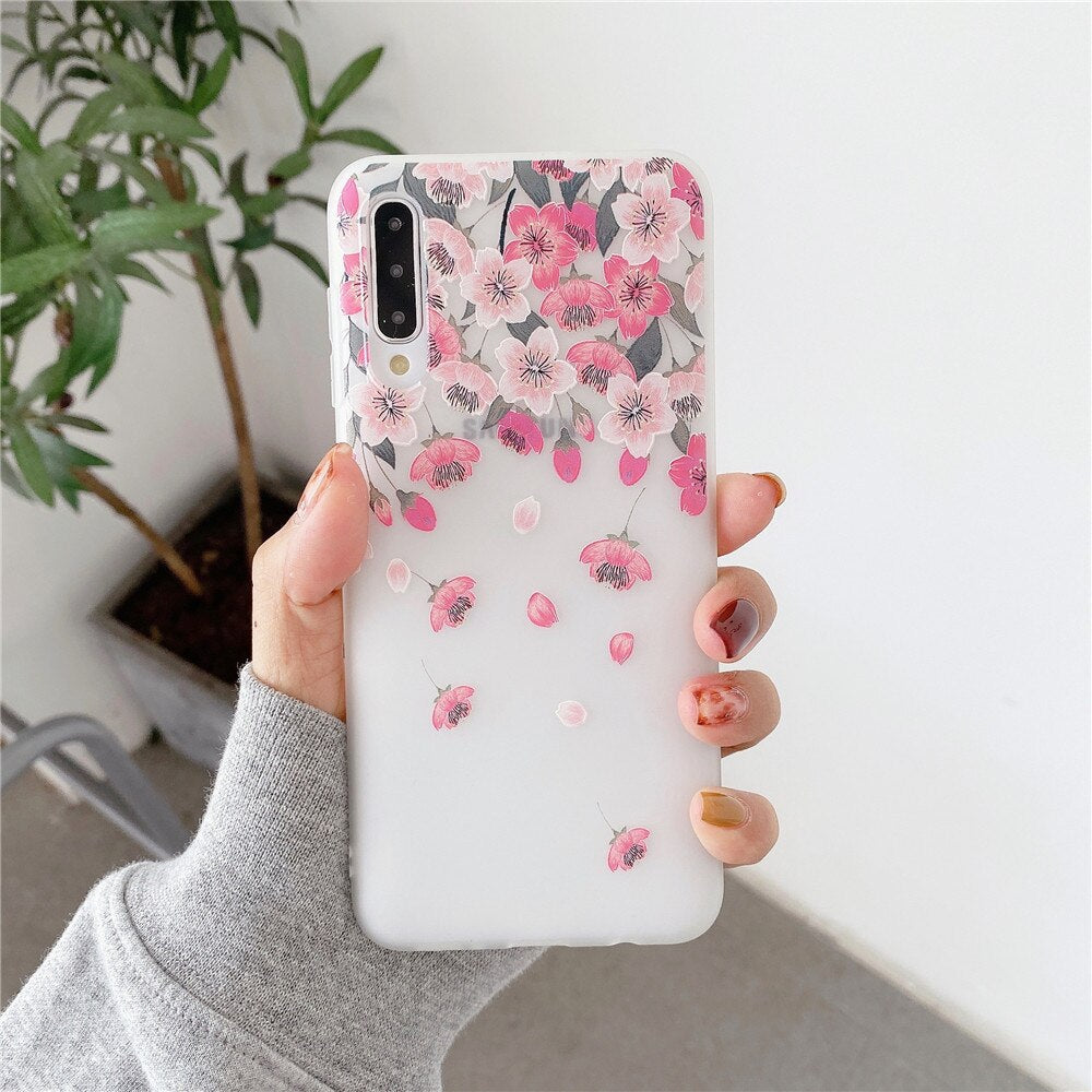 Anymob Samsung Case Pink Cherry Blossom Vintage Relief Flower Phone Matte Soft Silicone Back Cover-Mobile Phone Cases-PEROZ Accessories