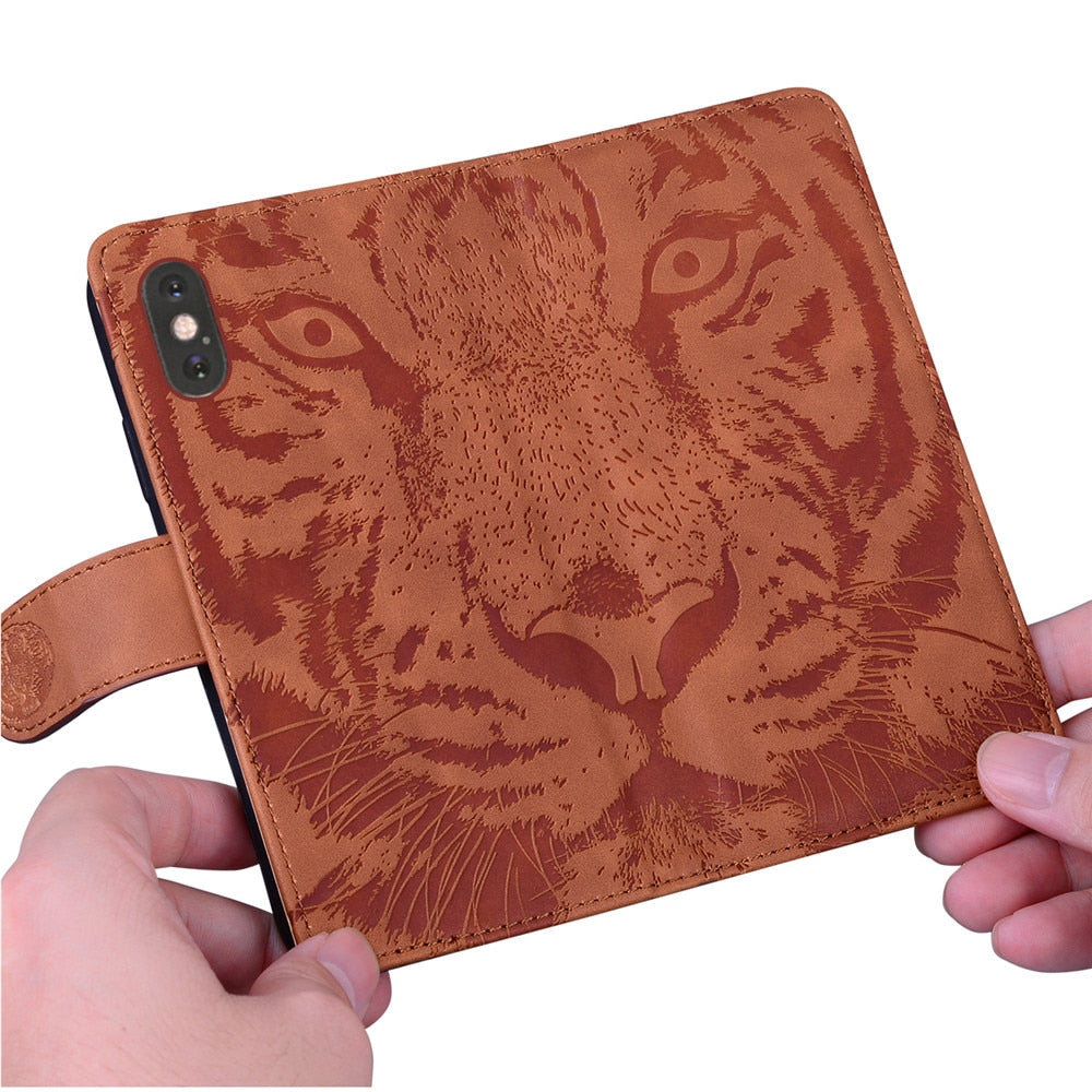 Anymob Samsung Case Brown 3D Tiger Embossing Magnetic Flip Leather Card Slot Wallet Book Style Cover-Mobile Phone Cases-PEROZ Accessories