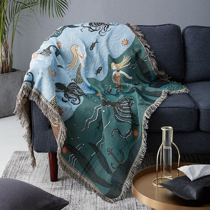 Anyhouz Throw Blanket Blue Faux Cashmere Sofa Cover Mermaid Pattern Tassel Soft Picnic Camping Mat 160*260cm-Blankets-PEROZ Accessories