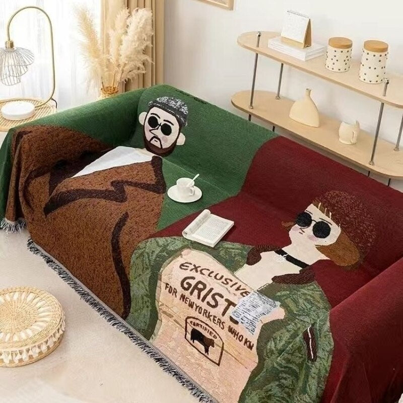 Anyhouz Throw Blanket Brown Faux Cashmere Sofa Cover Human Cartoons Tassel Soft Picnic Camping Mat 180*260cm-Blankets-PEROZ Accessories