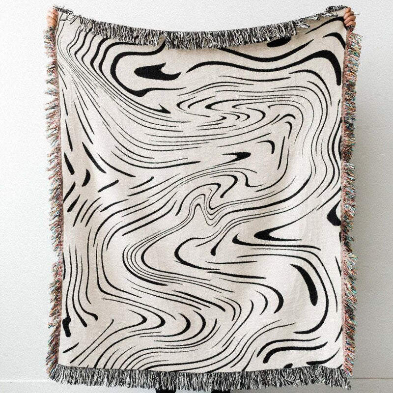 Anyhouz Throw Blanket Faux Cashmere Sofa Cover Black Water Waves Pattern Tassel Soft Picnic Camping Mat 130*160cm-Blankets-PEROZ Accessories