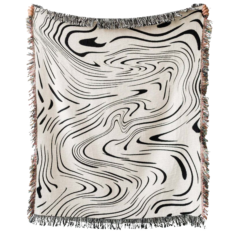 Anyhouz Throw Blanket Faux Cashmere Sofa Cover Black Water Waves Pattern Tassel Soft Picnic Camping Mat 130*160cm-Blankets-PEROZ Accessories