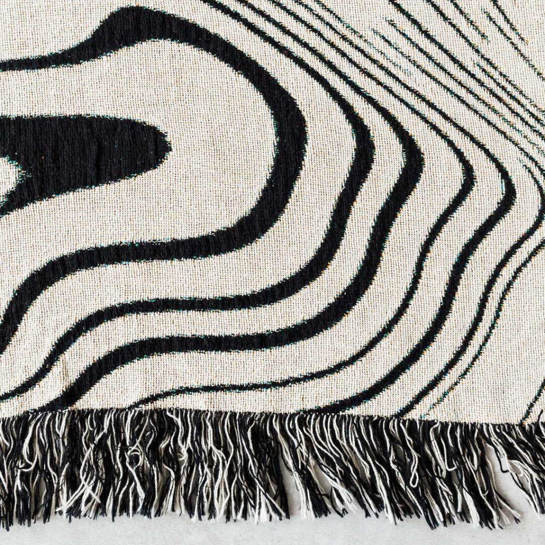 Anyhouz Throw Blanket Faux Cashmere Sofa Cover Black Water Waves Pattern Tassel Soft Picnic Camping Mat 130*160cm-Blankets-PEROZ Accessories