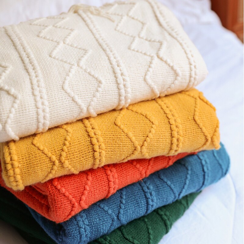 Anyhouz Orange Throw Blanket Faux Cashmere Sofa Cover Vertical Bar Diamond Knit Plaid Tassels Blanket for Spring Summer 130*230cm-Blankets-PEROZ Accessories
