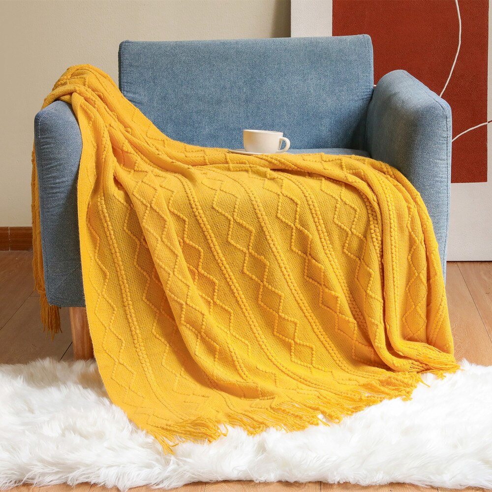 Anyhouz Sky Blue Throw Blanket Faux Cashmere Sofa Cover Vertical Bar Diamond Knit Plaid Tassels Blanket for Spring Summer 130*180cm-Blankets-PEROZ Accessories