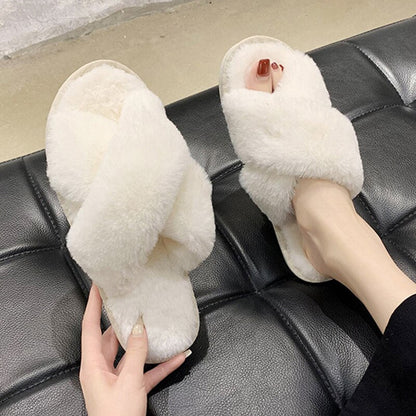 AnyStep Plush Slipper One Size 7-8 Cross White Warm Winter Comfortable Home Fluffy Indoor Slip On-Slipper Chairs-PEROZ Accessories