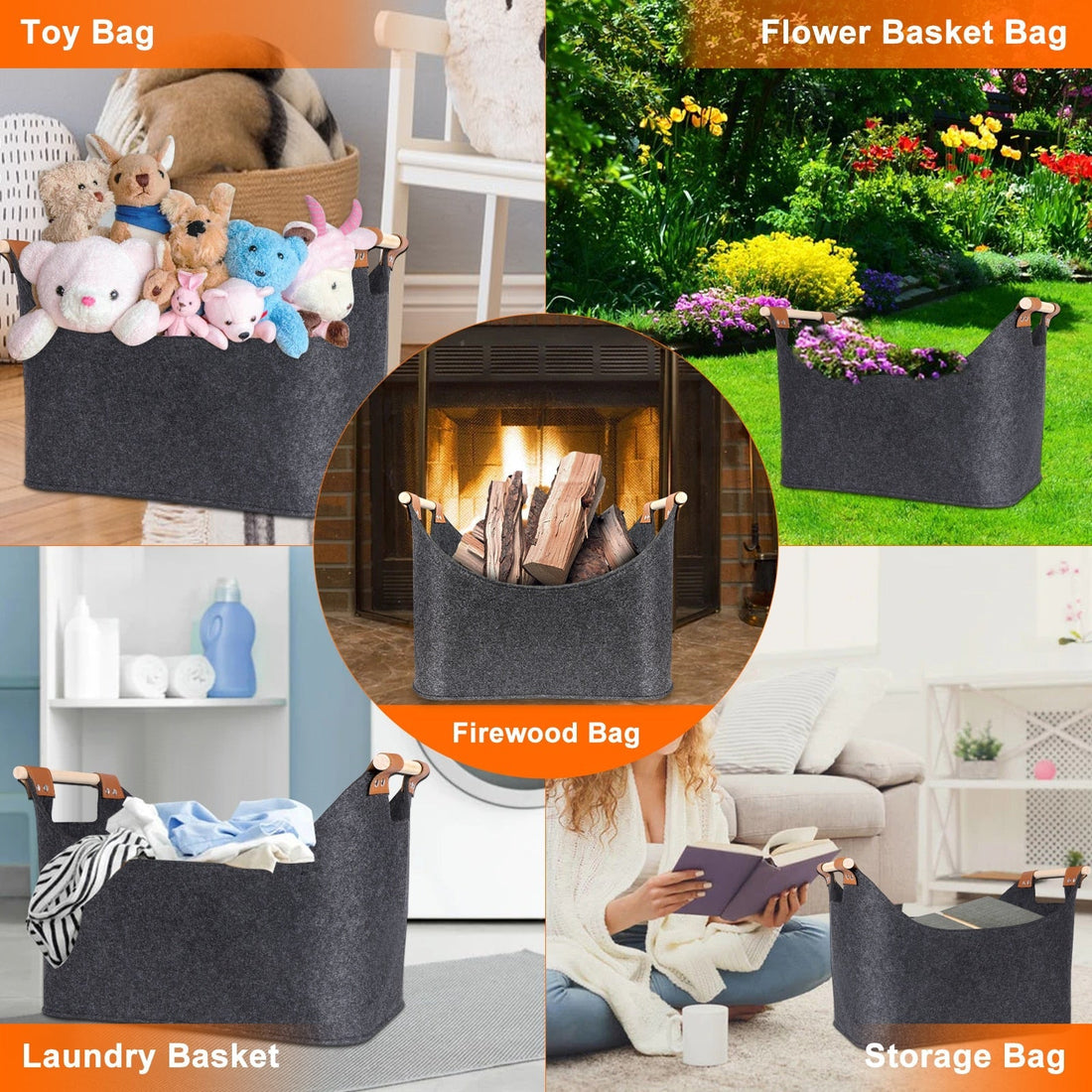 Anyhouz Storage Bag Gray Basket Fire Wood Fruit Vegetable Flower Plant Organizing Rack Container-Exercise &amp; Fitness-PEROZ Accessories