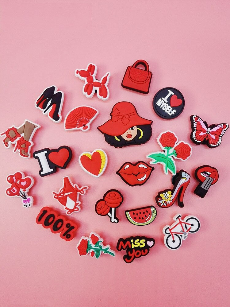 Anykidz 22Pcs Random Colors Red Design Shoe Charm Accessories Jeans Clogs Pendants Designer Ornament Jibbitz for Crocs-Shoe Accessories-PEROZ Accessories