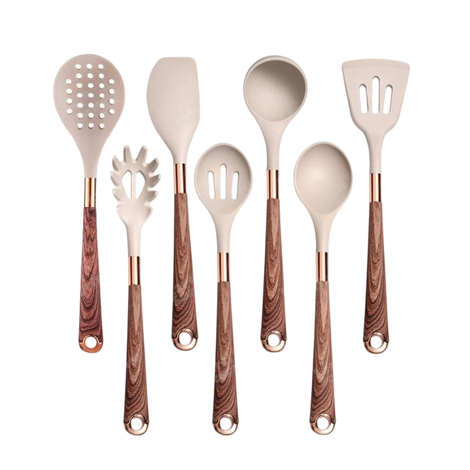 Anygleam Kitchen Utensils Non-stick Brown 7 Set Gold Plated Handle with Support Point Cooking Tool Accessories Heat Resistant Kitchenware-Spatula and Shovel-PEROZ Accessories