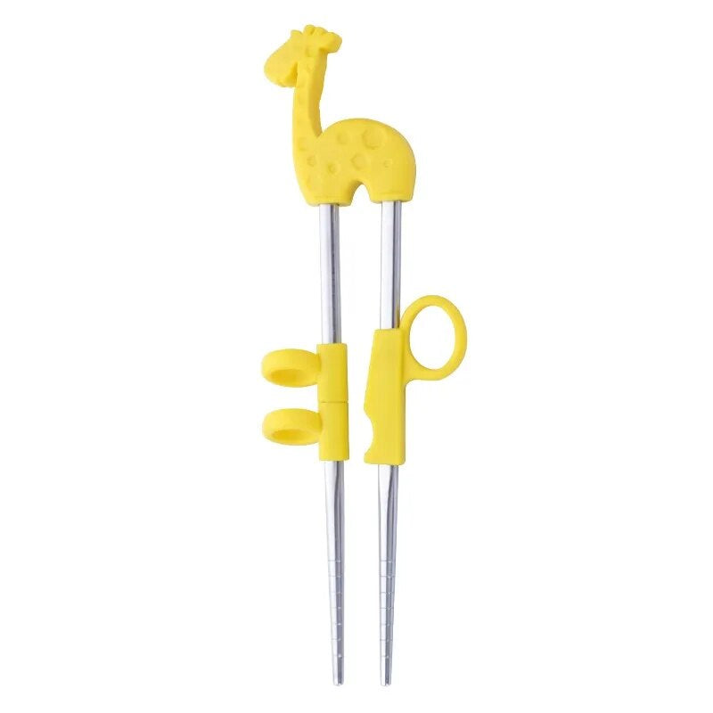 AnyGleam Chop Stick Yellow Giraffe 1 Pair Reusable Silver Stainless Steel Cartoon for Kids and Children Kitchen Accessories-Kitchen &amp; Dining-PEROZ Accessories