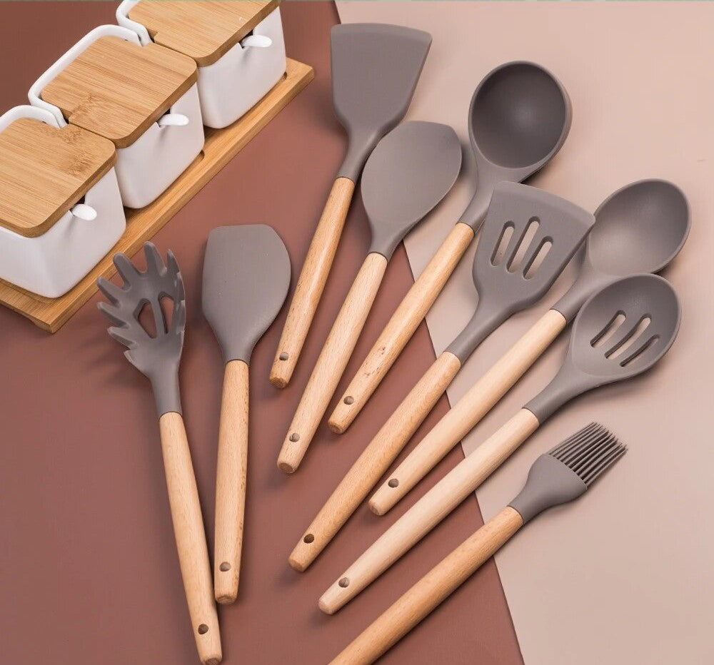 Anygleam Kitchen Utensils 11 Set Natural Beech Wooden Handle Cookware Tool Heat Resistant Non Stick Accessories-Spatula and Shovel-PEROZ Accessories