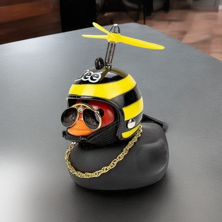 Anypack Car Ornaments Rubber Black Duck for Car Dashboard Decorations Cool Glasses Duck with Bee Propeller Helmet Gold Chain-Car Accessories-PEROZ Accessories