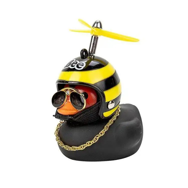 Anypack Car Ornaments Rubber Black Duck for Car Dashboard Decorations Cool Glasses Duck with Bee Propeller Helmet Gold Chain-Car Accessories-PEROZ Accessories