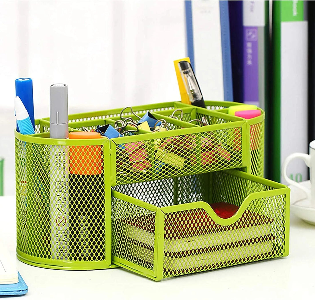 AnyCraft Pink Metal Mesh Stationery Storage Organizer with Large Capacity Compartments for Office and School Supplies-Organizers-PEROZ Accessories