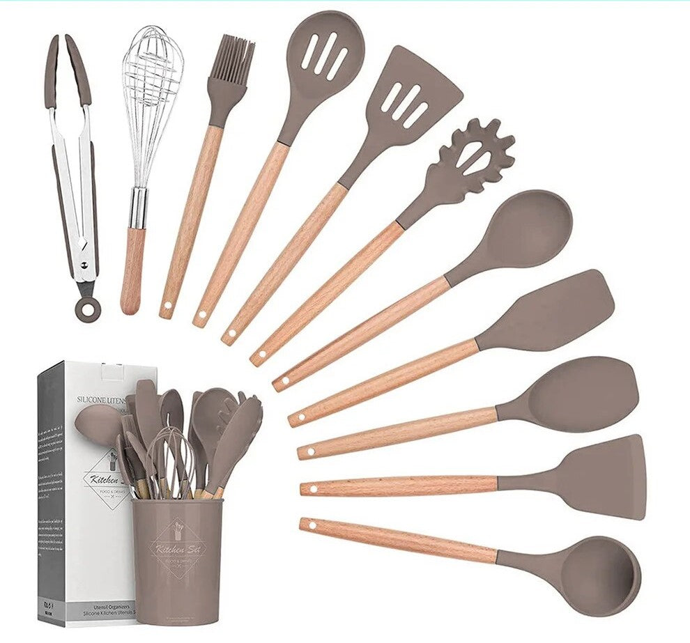 Anygleam Kitchen Utensils 7 Set Khaki Natural Beech Wooden Handle Cookware Tool with Storage Heat Resistant Non Stick Accessories-Spatula and Shovel-PEROZ Accessories