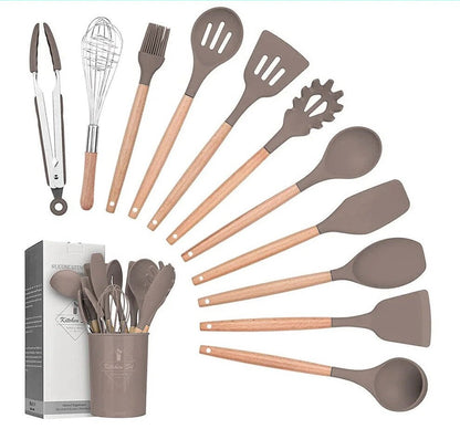 Anygleam Kitchen Utensils 7 Set Khaki Natural Beech Wooden Handle Cookware Tool with Storage Heat Resistant Non Stick Accessories-Spatula and Shovel-PEROZ Accessories